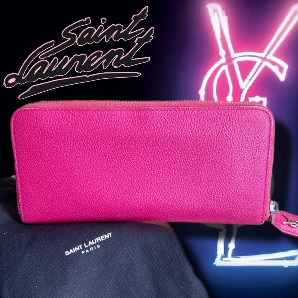 ⭐️YSL Yves Saint Laurent Pink Pebbled Leather Portefeuille Famme Long Wallet - Picture 2 of 9